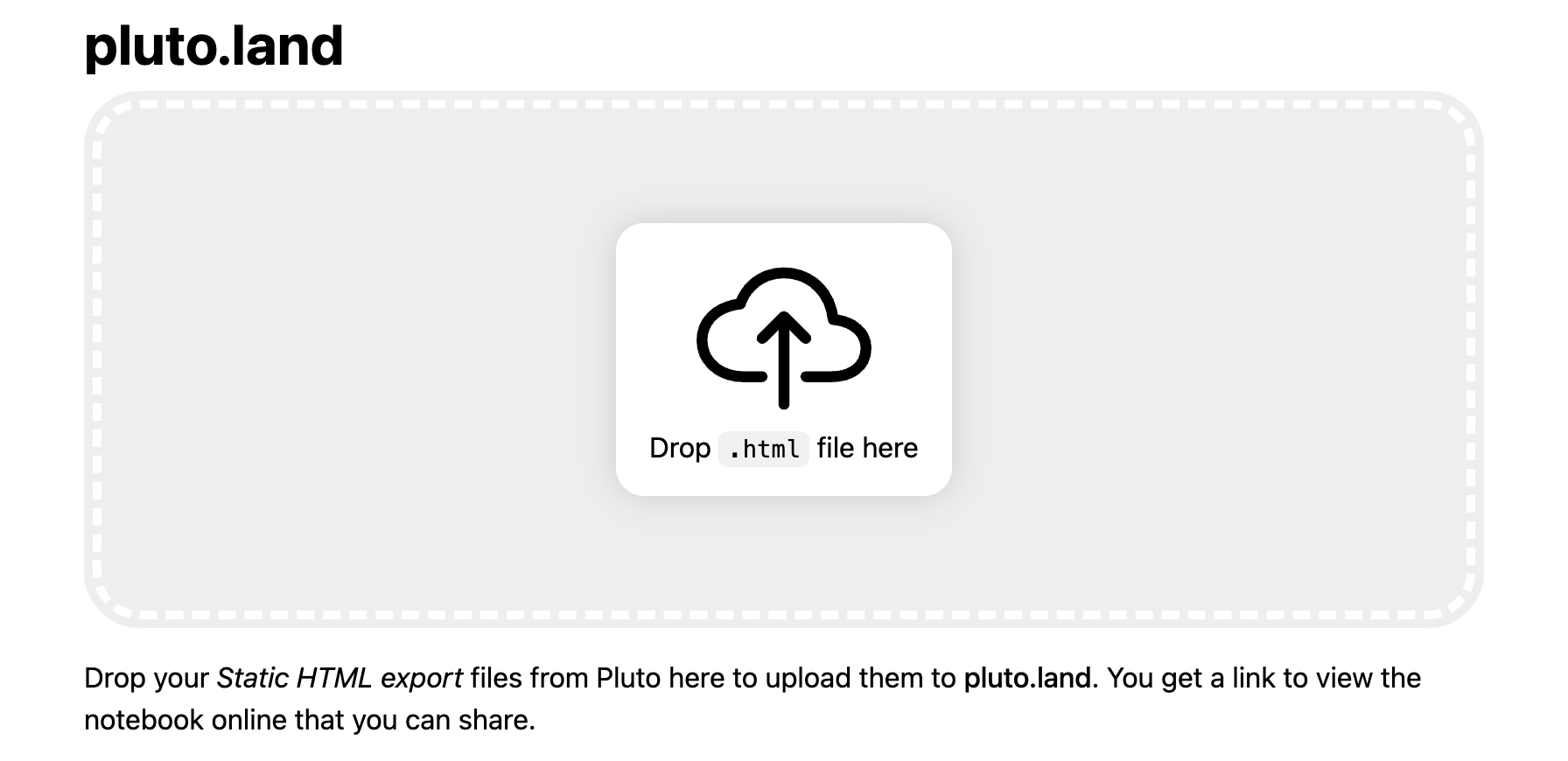 Screenshot of pluto.land showing an upload button